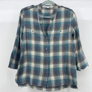 James Perse Size 1 Small Plaid Flannel Womens Teal Blue Cotton Casual Collarless